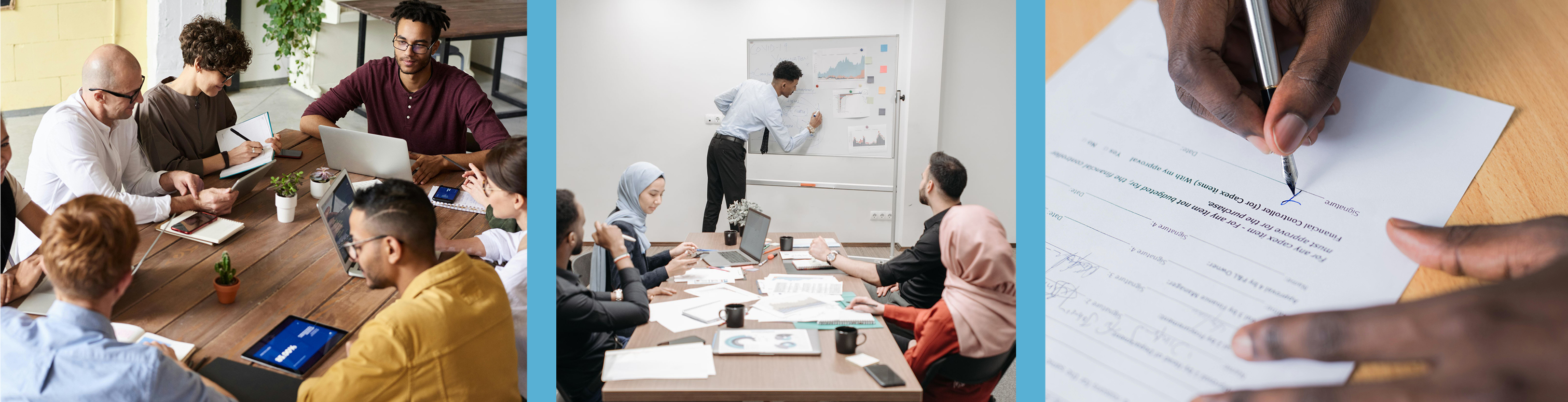 A banner featuring three photos: a diverse group of people collaborating around a table, a diverse group attending a presentation led by a speaker writing on a presentation board, and a close-up of hands signing a contract with a pen.